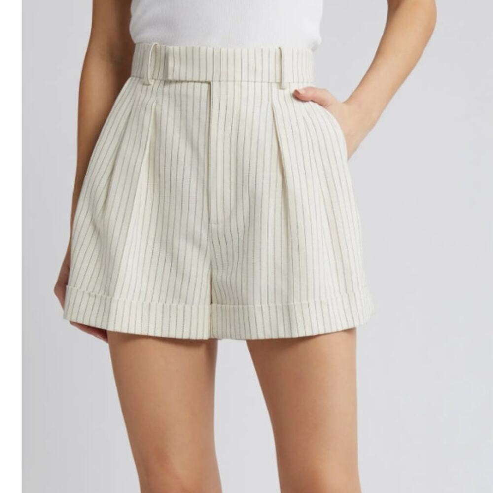 NEW FRAME Cream Pinstripe Pleated Wide Cuff Linen Shorts Womens Sz 8